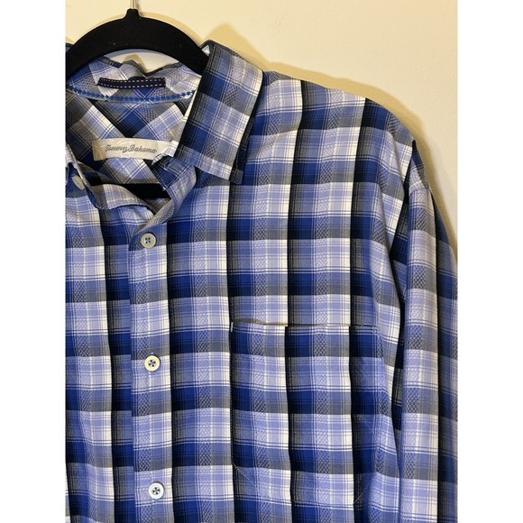 Tommy Bahama Men's Blue Plaid 100% Silk Long Sleeve Button-Down Shirt Size Large - Picture 1 of 7
